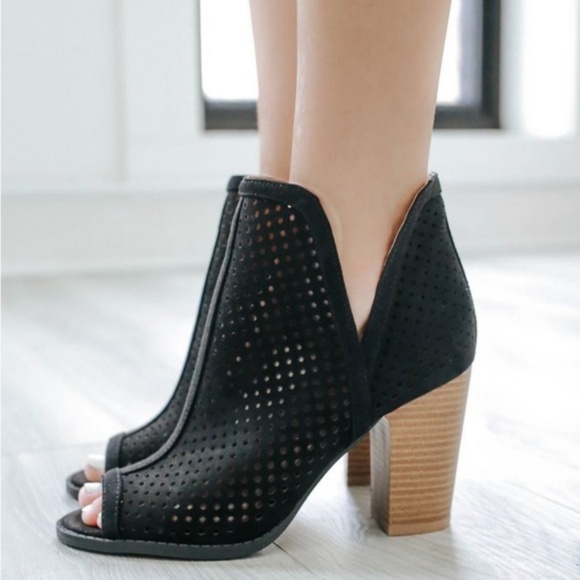Shoes - Black perforated stacked wood heel peep toe bootie